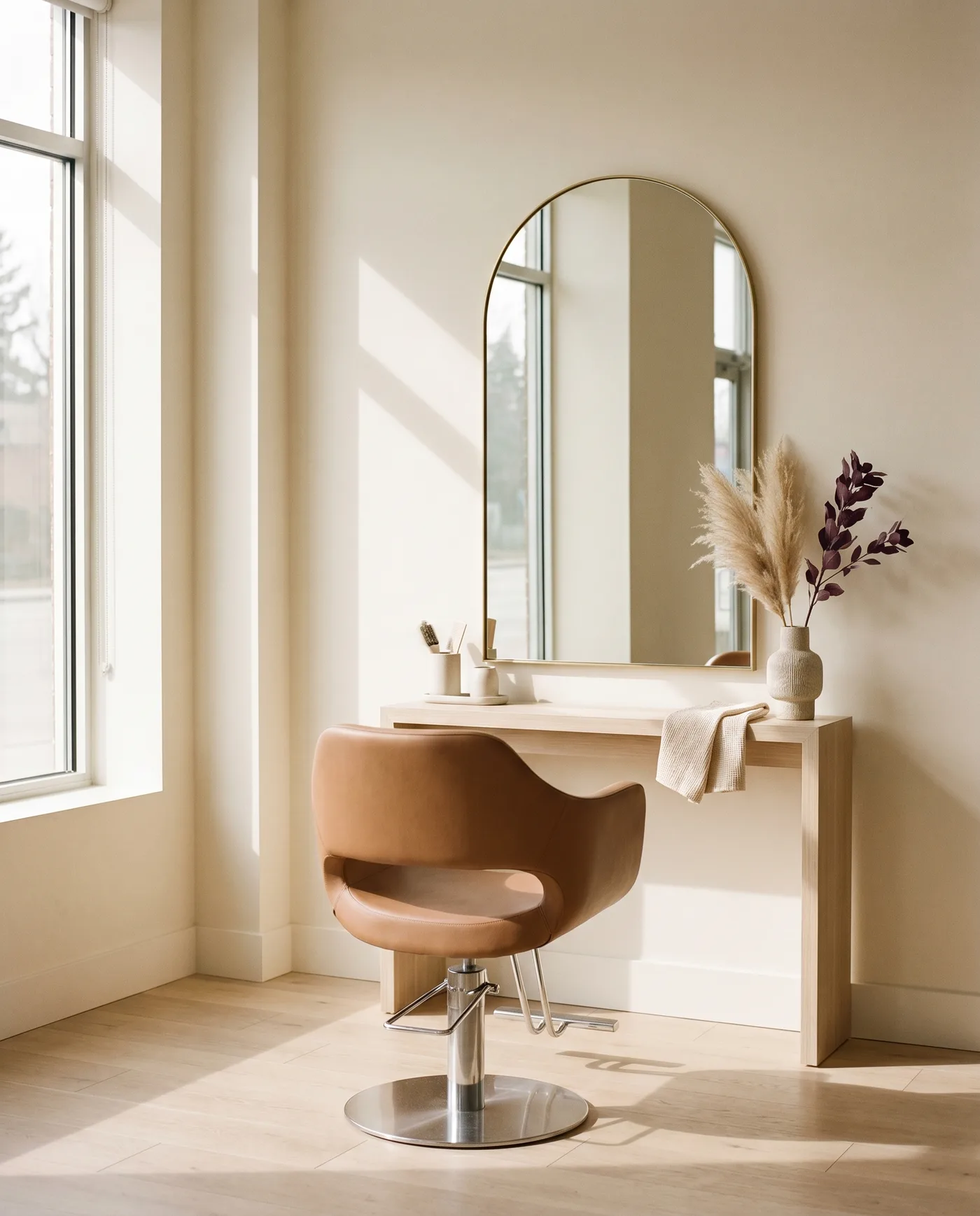 Een warm, zonnig interieur van het atelier met stylingstoel en spiegel.